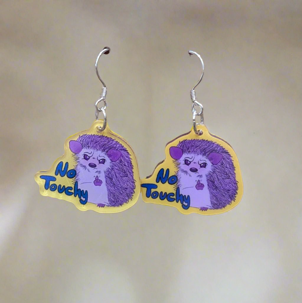 purple porcupines saying "No Touchy" - earrings