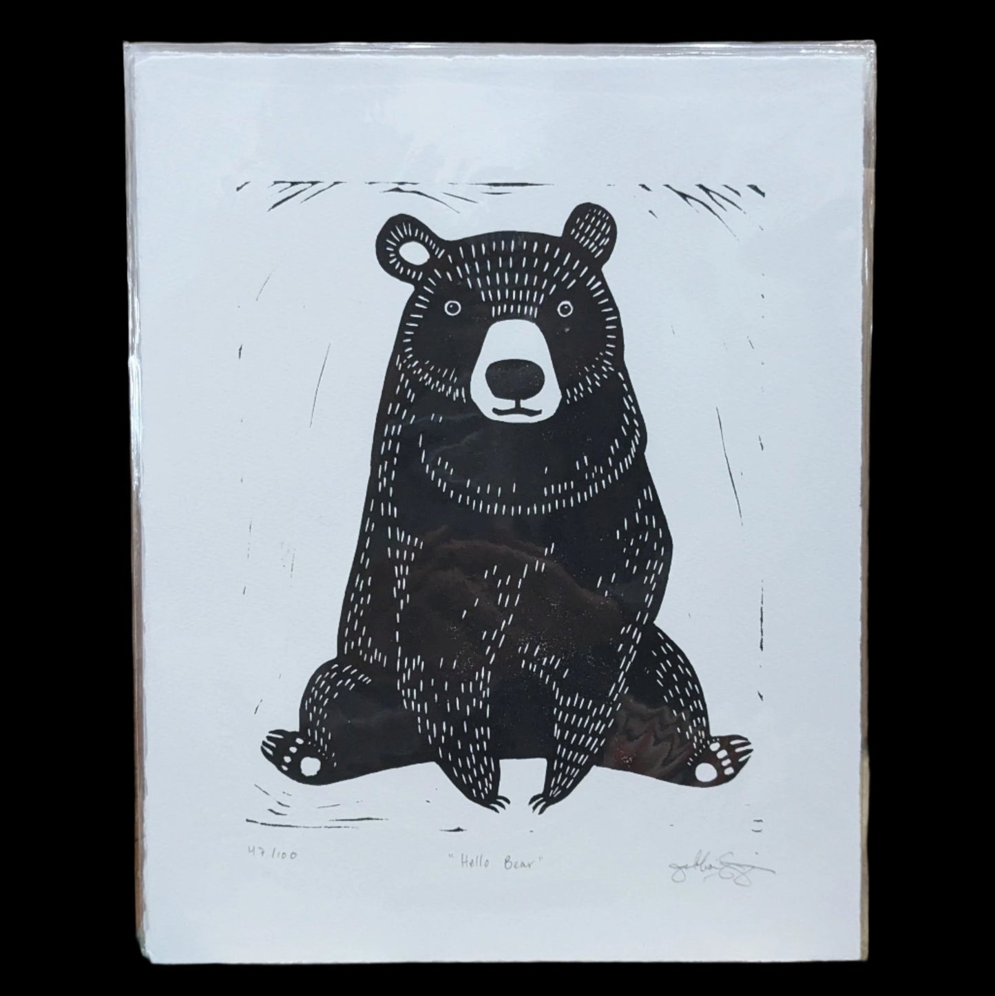 sitting bear black and white lino cut print