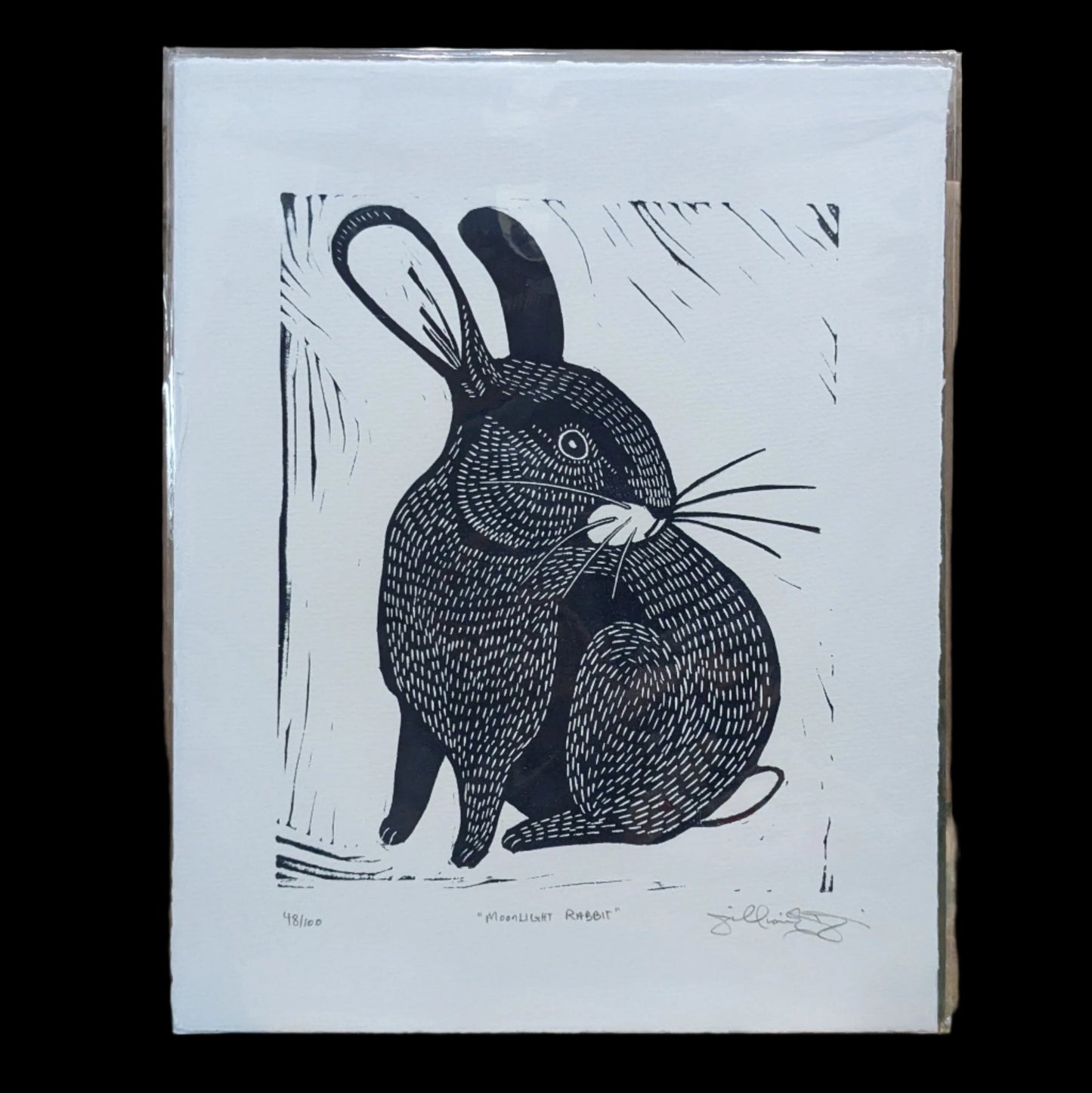 navy blue rabbit lino cut print