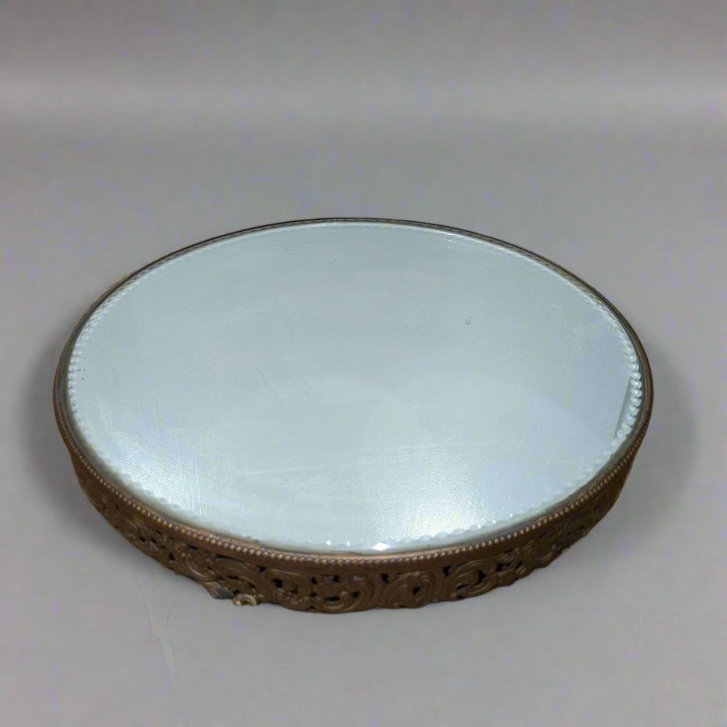 round mirrored vanity tray, gold carved edges