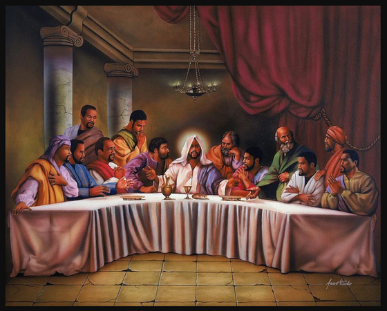 Closeup of painting depicting biblical last supper with all Black characters