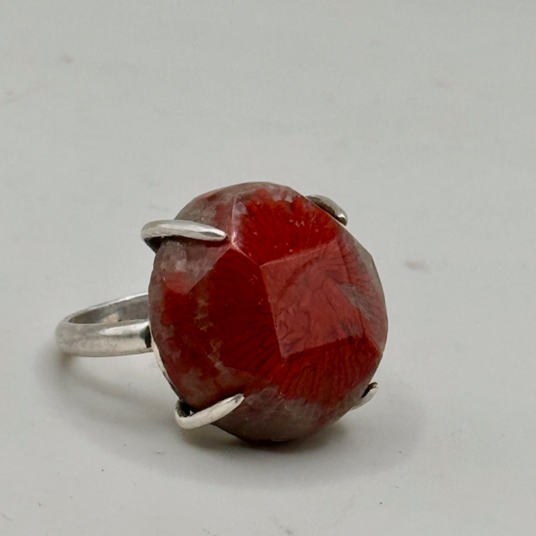 Sarah Wolfenden:  Ring with faceted Coral and Sterling