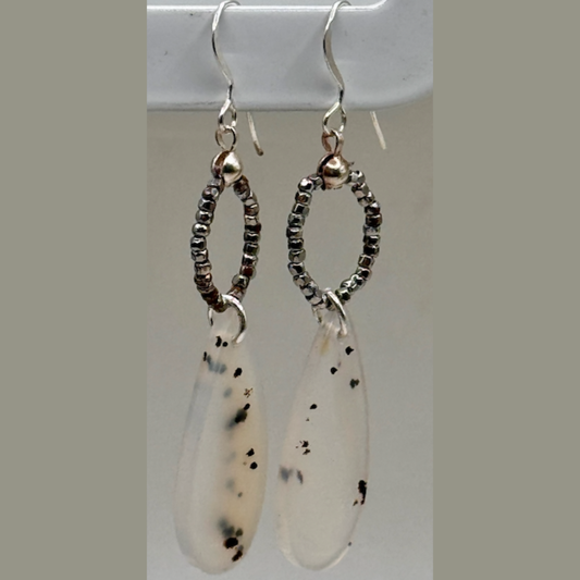 Sarah Wolfenden: Earrings of Montana Agate with Steel beads