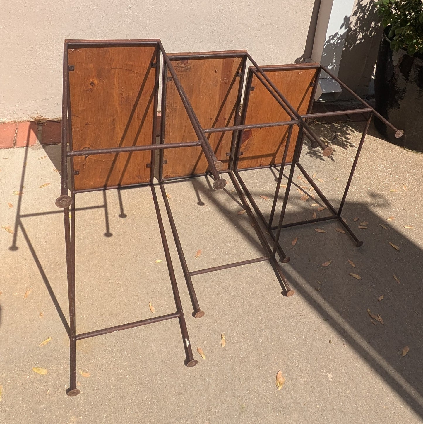 1990s Industrial Wood and Iron Nesting Tables Set of Three
