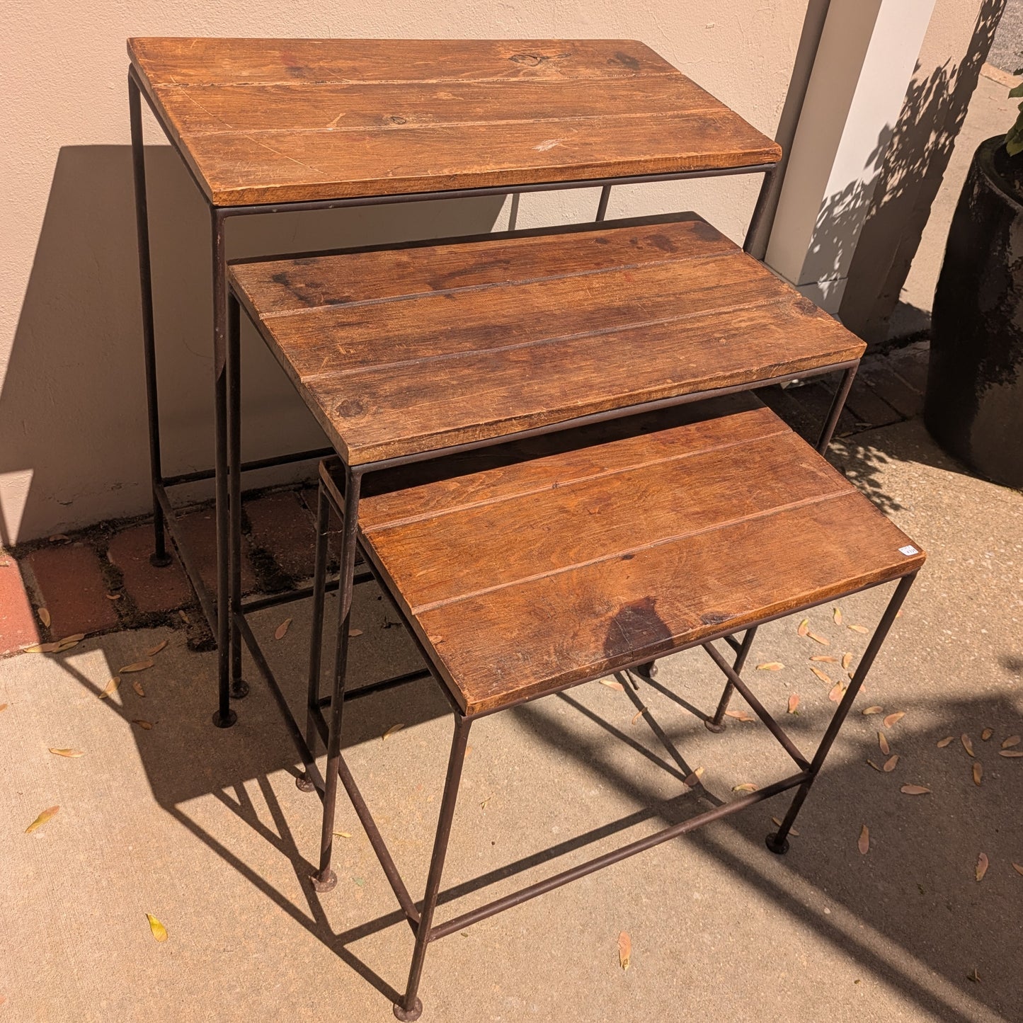 1990s Industrial Wood and Iron Nesting Tables Set of Three
