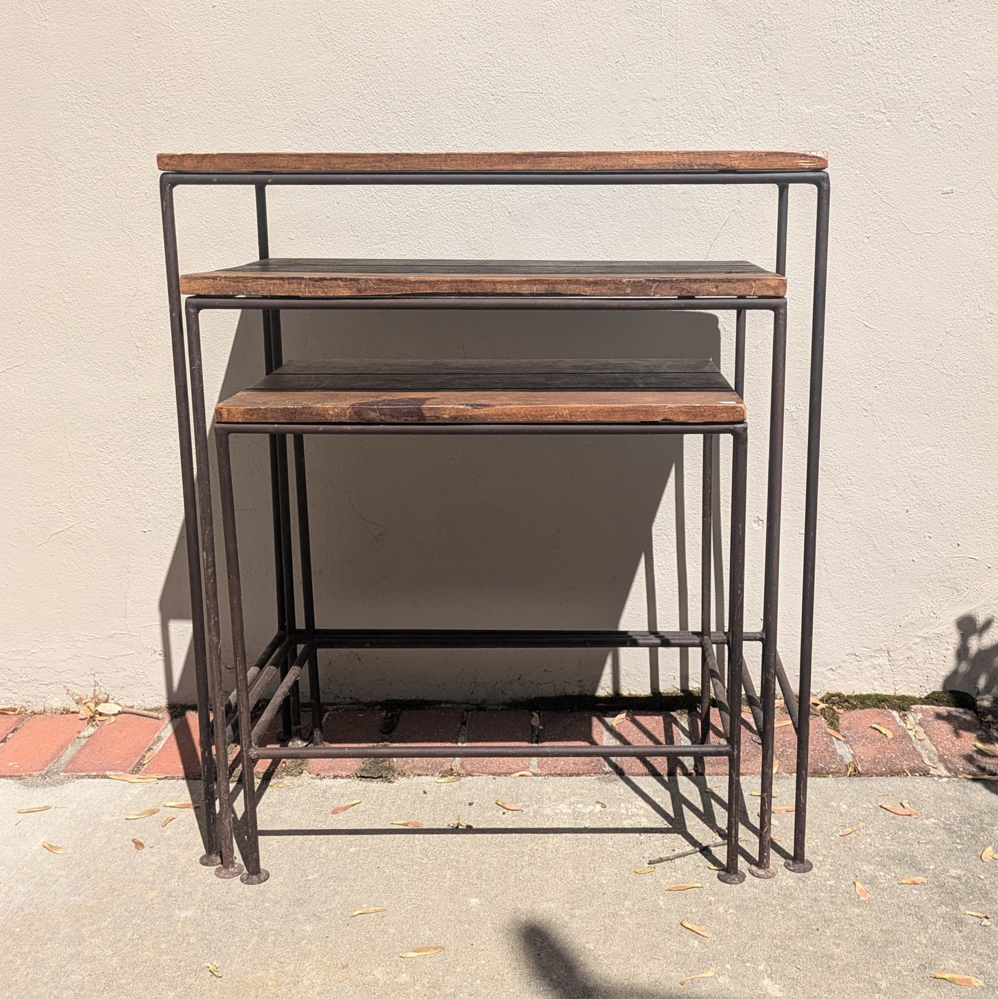 1990s Industrial Wood and Iron Nesting Tables Set of Three