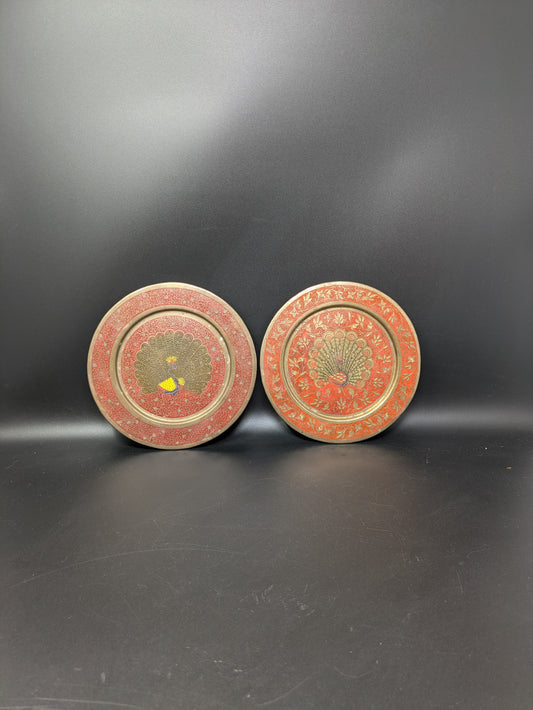 Set of Two Vintage Brass Peacock Plates