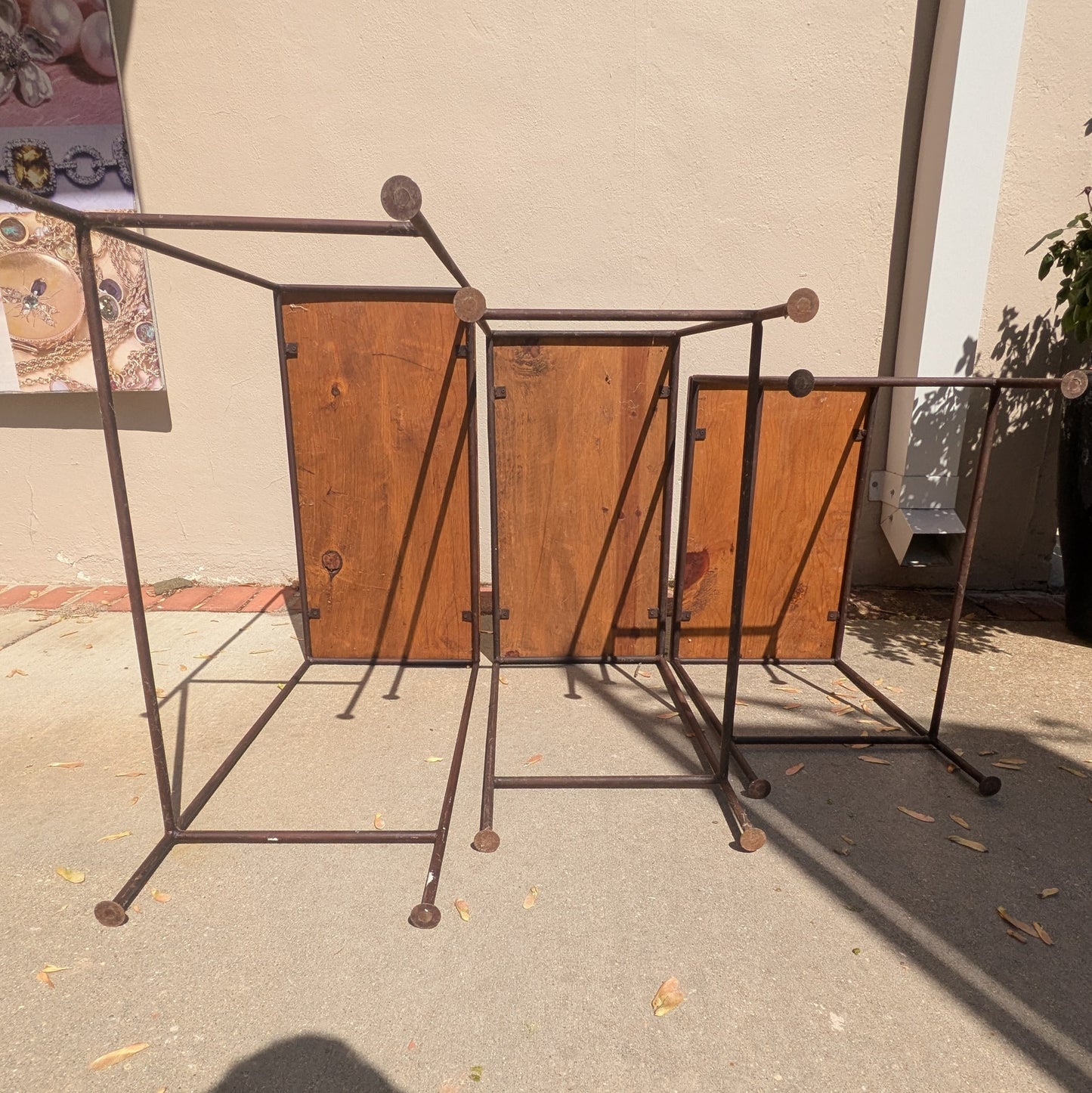 1990s Industrial Wood and Iron Nesting Tables Set of Three
