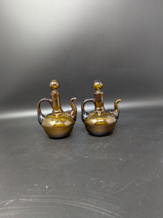 Set of Two Amber Glass Cruet Bottle