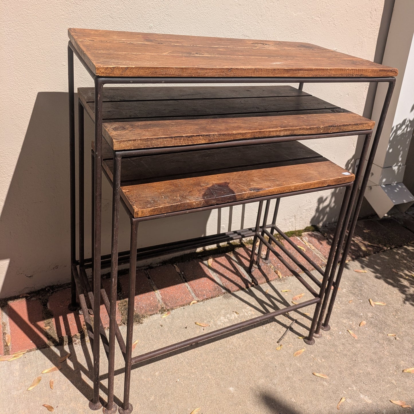 1990s Industrial Wood and Iron Nesting Tables Set of Three