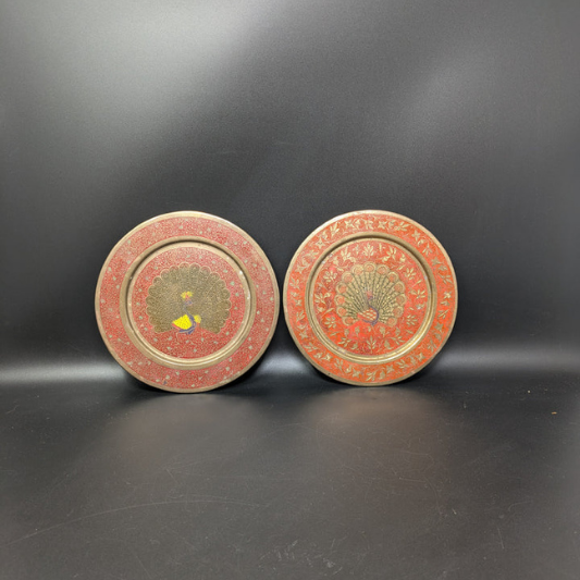 Set of Two Vintage Brass Peacock Plates