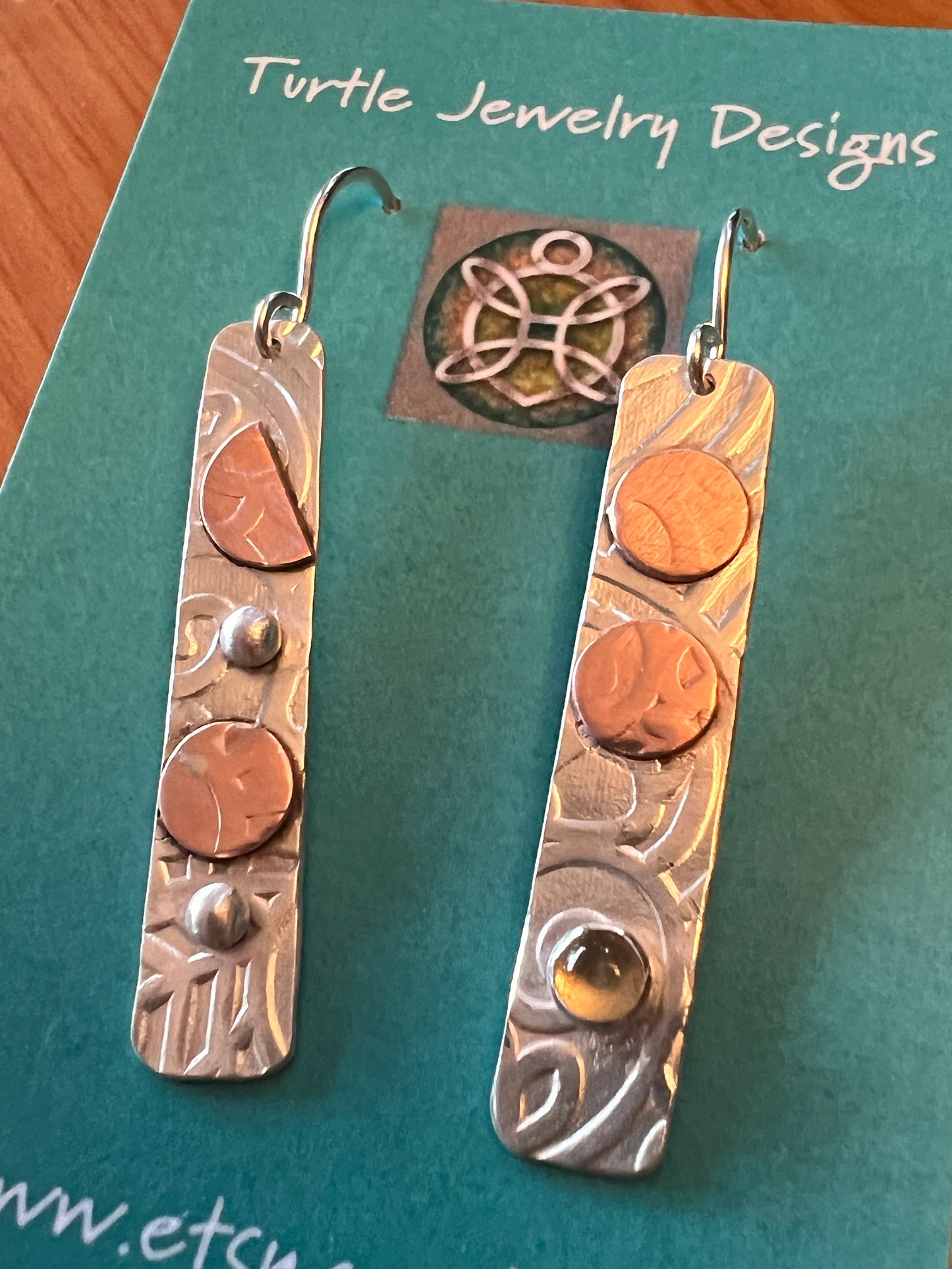 Turtle Jewelry Designs: Silver, Copper & Citrine Earrings